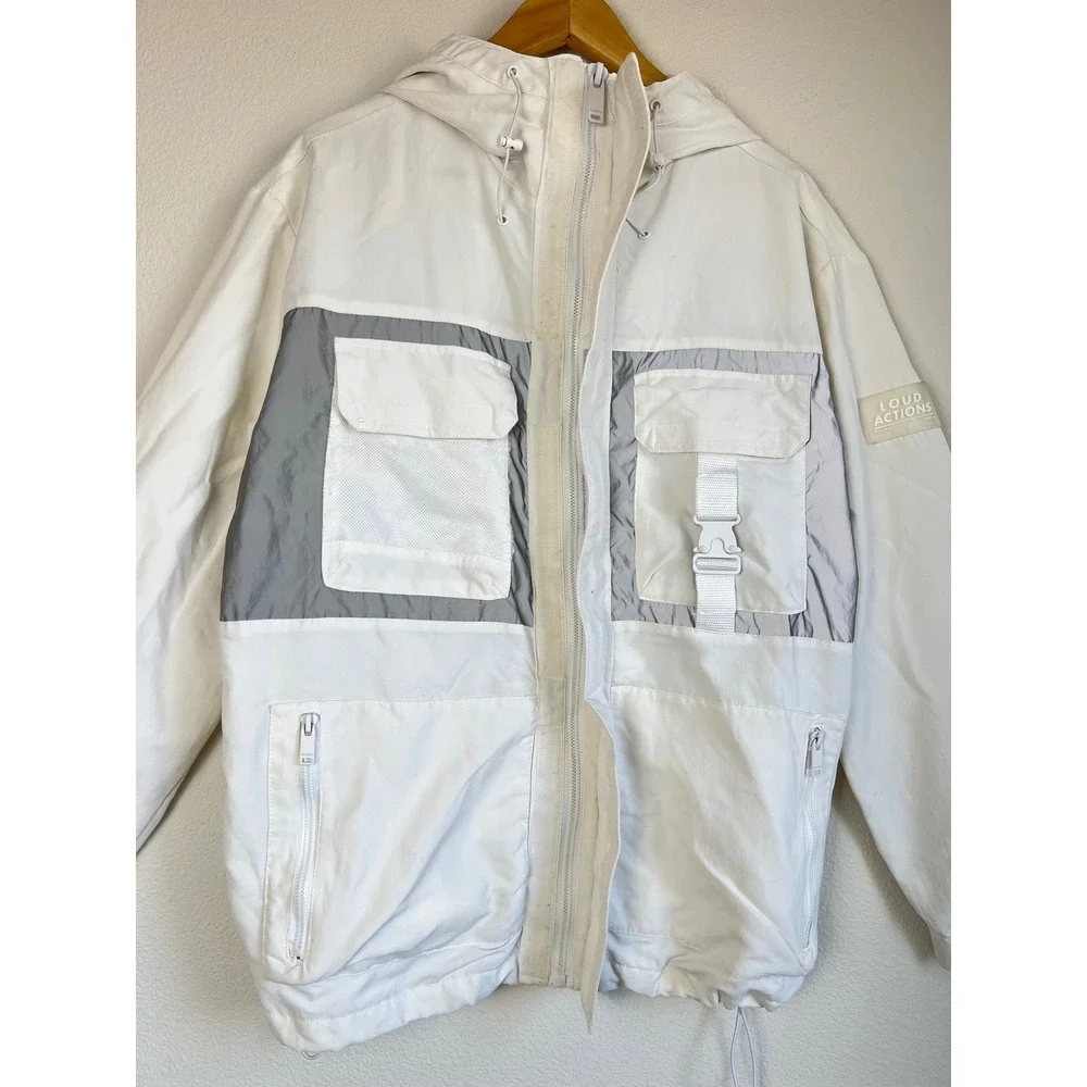 Bershka Loud Actions Techwear Jacket White Hooded Utility Windbreaker Size M